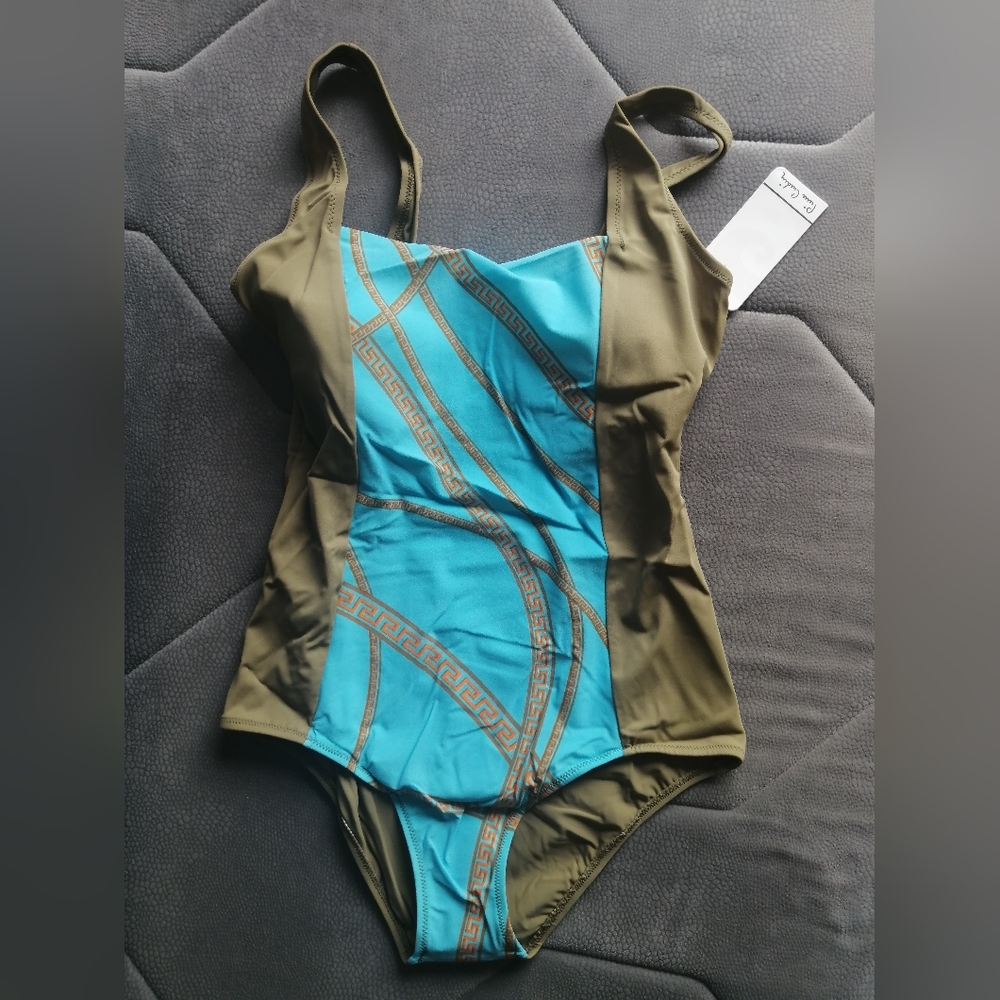 Pierre Cardin Blue Orange Olive Greek Pattern One-Piece Swimsuit - Picture 7 of 12